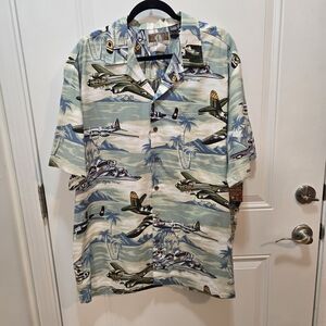 Vintage-Inspired Light Blue Aviation Print Camp Shirt